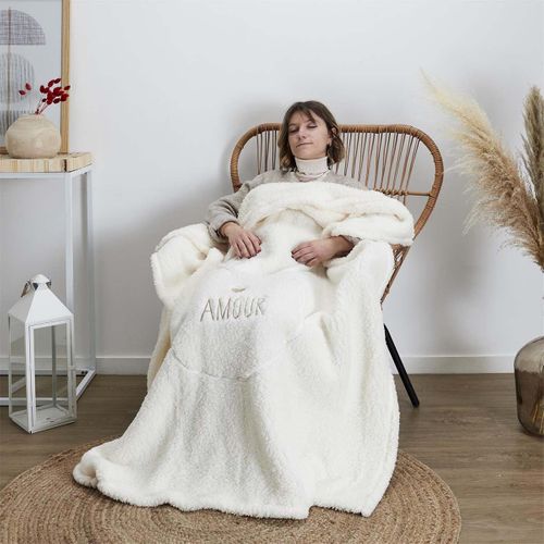 Plaid Coussin 2-en-1 "amour" En Sherpa Coloris Crème - Satina