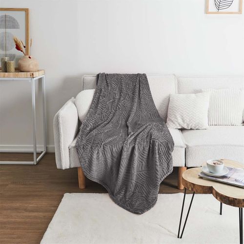 Plaid Flanelle 150x200cm Embossé Motif Feuilles Gris - Flony