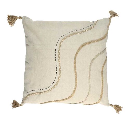 Coussin 40x40cm Beige Motifs Vagues Tressés Avec Pompons - Kakoe