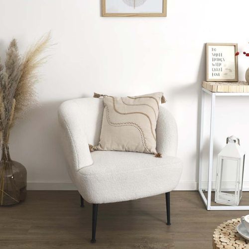 Coussin 40x40cm Beige Motifs Vagues Tressés Avec Pompons - Kakoe