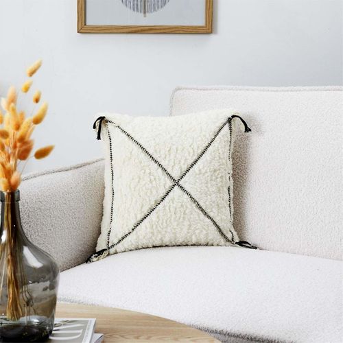 Coussin Sherpa 40x40cm Blanc Motif Géométrique Tressé Noir - Farya