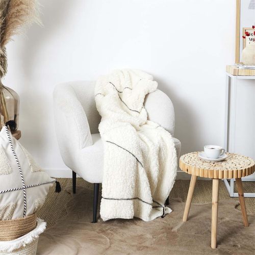 Plaid Sherpa 130x160cm Blanc Motif Géométrique Tressé Noir - Farya