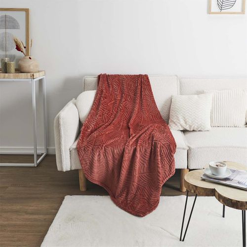 Plaid Flanelle 150x200cm Embossé Motif Feuilles Terracota - Flony
