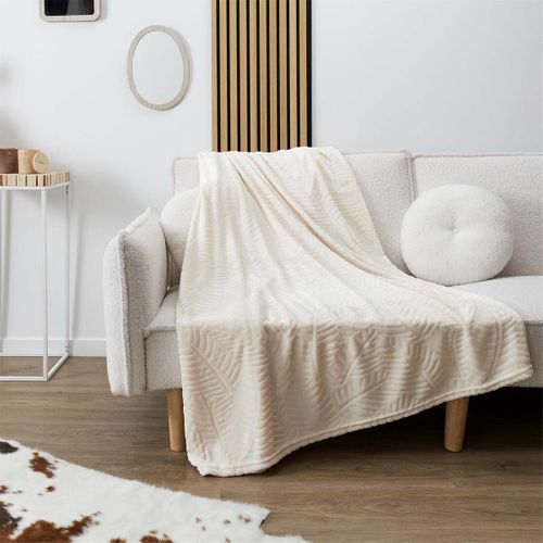 Plaid Flanelle 150x200cm Embossé Motif Feuilles Crème - Flony