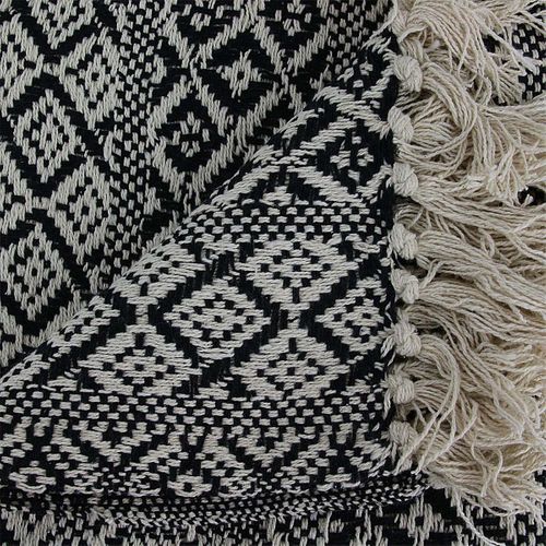 Plaid Jeté De Canapé 120x150cm Style Ethnique Noir Et Blanc Avec Franges - Rafy