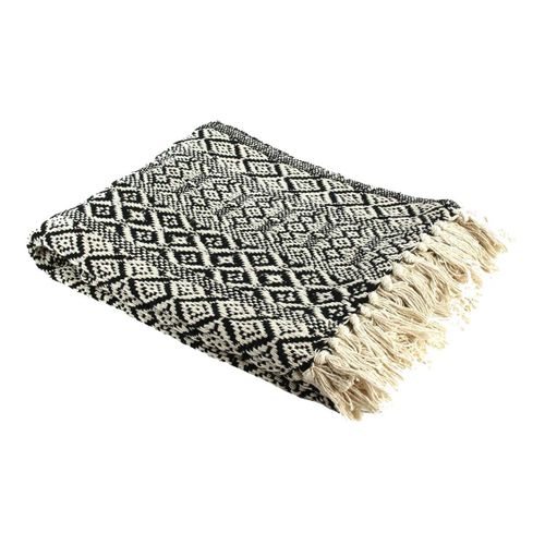 Plaid Jeté De Canapé 120x150cm Style Ethnique Noir Et Blanc Avec Franges - Rafy