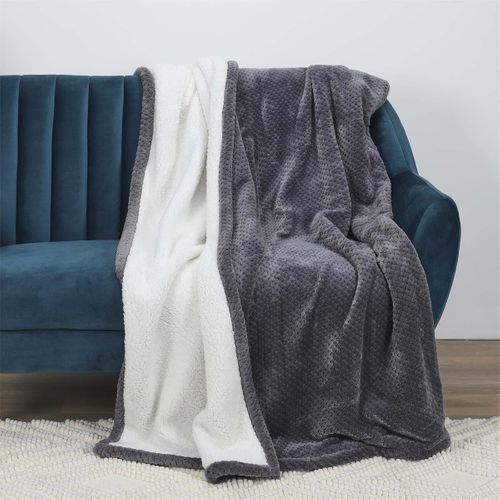 Plaid Ultra Doux 180x220cm Nid D'abeille Gris Anthracite Et Sherpa - Gaya
