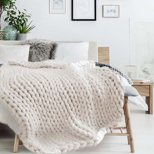 Plaid Chunky 120x150cm Grosse Maille Tressée Coloris Blanc - Lotov
