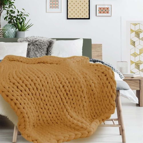 Plaid Chunky 120x150cm Grosse Maille Tressée Coloris Ocre - Lotov