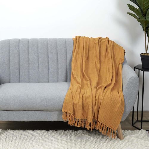 Plaid Jeté De Canapé Gaufré 130x160cm 100% Coton Ocre Avec Franges - Cushy