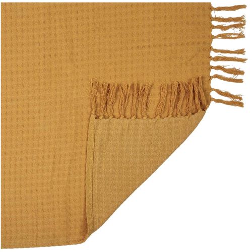 Plaid Jeté De Canapé Gaufré 130x160cm 100% Coton Ocre Avec Franges - Cushy