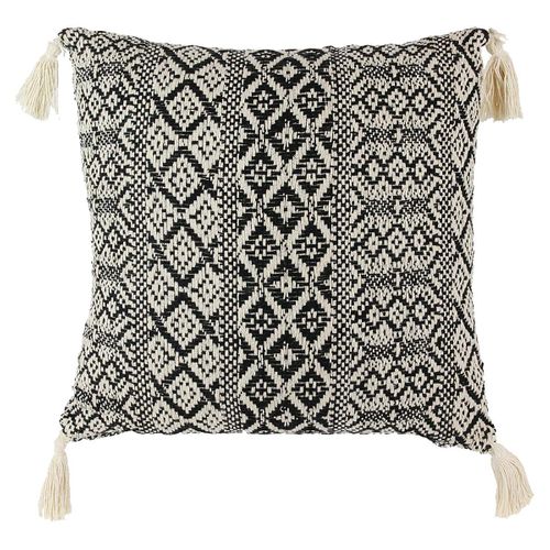 Coussin 40x40cm Style Ethnique Noir Et Blanc Déhoussable Avec Pompons - Rafy