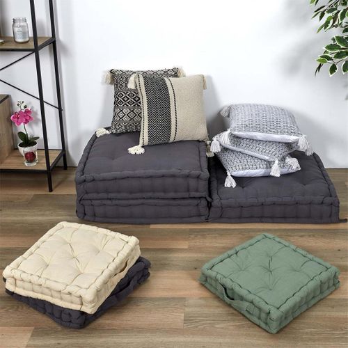 Coussin 40x40cm Style Berbère Beige Motifs Géométriques Noirs Avec Pompons Déhoussable - Kaldia