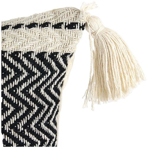 Coussin 40x40cm Style Berbère Beige Motifs Géométriques Noirs Avec Pompons Déhoussable - Kaldia
