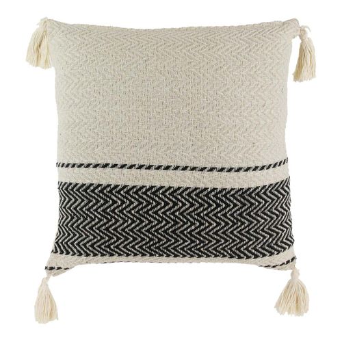 Coussin 40x40cm Style Berbère Beige Motifs Géométriques Noirs Avec Pompons Déhoussable - Kaldia