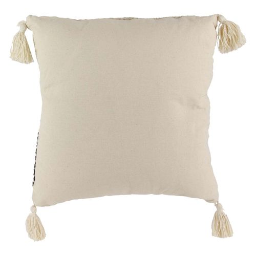 Coussin 40x40cm Style Berbère Beige Motifs Géométriques Noirs Avec Pompons Déhoussable - Kaldia