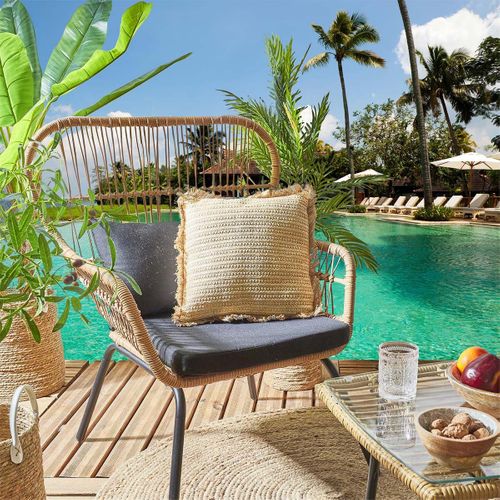 Coussin 40x40cm En Jute Et Lin Tressé Doré Avec Franges Déhoussable - Sarry