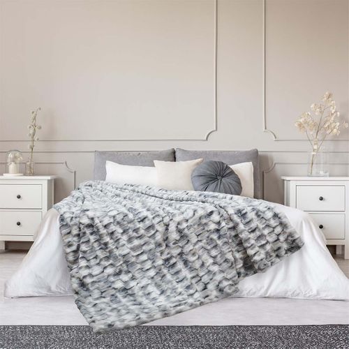 Plaid Ultra Doux 140x200cm Imitation Fourrure Texturée Ombrée Coloris Gris Et Blanc - Fluffy