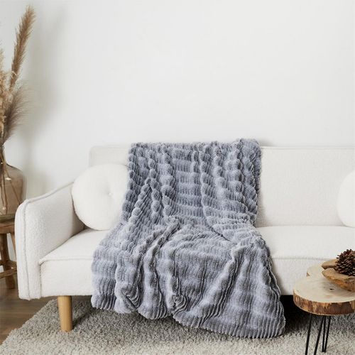 Plaid Ultra Doux 120x150cm Imitation Fourrure Vague Coloris Gris - Fluffy