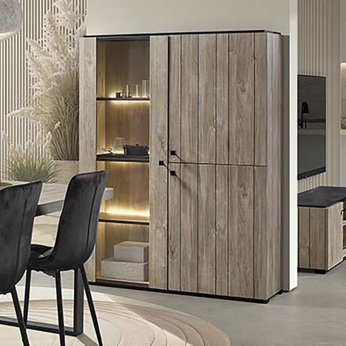 Argentier 3 Portes Dont 1 Vitrée Avec LEDs Aspect Lames De Bois Finition Beach - Thomas