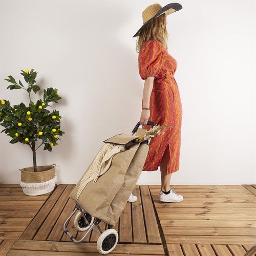 Chariot De Courses 2 Roues En Toile De Jute Marron Avec Une Poche (h95cm) - Jutty