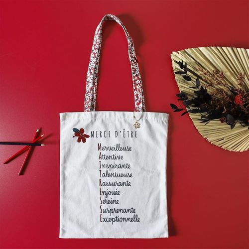 Tote Bag Blanc Et Rouge Avec Message "merci D?être?" (36,5x42 Cm) - Gratida