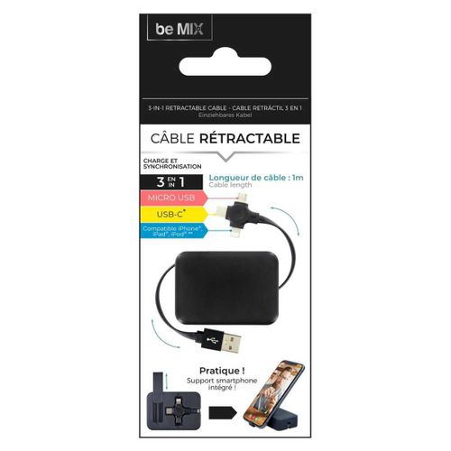 Boitier Câbles Rétractables 3 En 1 Avec Support Smartphone Intégré -
