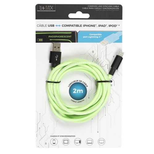 Câble Charge Rapide 2a Type Compatible iPhone / iPad / Ipod Phosphorescent 2 Mètres -