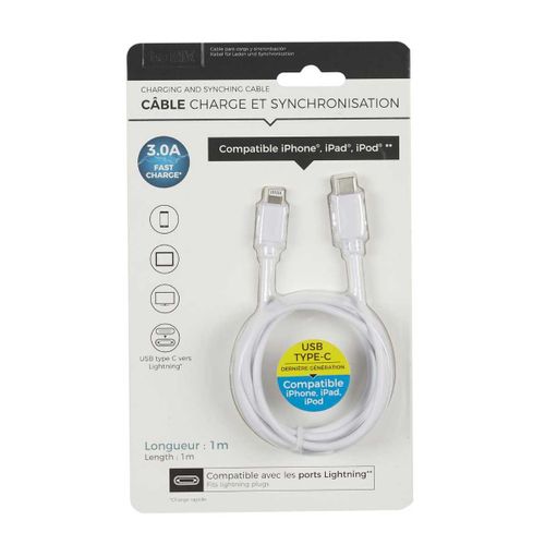 Câble Type C Charge Ultra Rapide 3a Type Compatible iPhone / iPad / Ipod 1 Mètre -