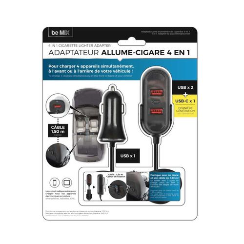 Chargeur Voiture Banquette Arrière 4 En 1 Câble 1m50 + 1 Pince -