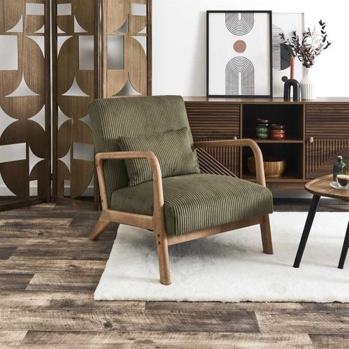 Amory - Fauteuil En Velours Côtelé Coloris Vert Pieds Et Accoudoirs En Hévéa - Amory