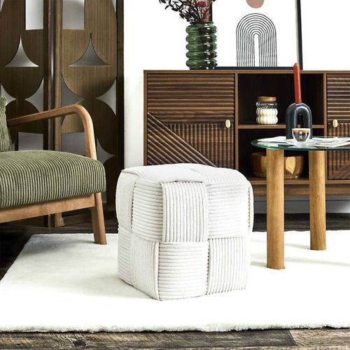 Pouf Cube En Velours Côtelé Tressé Coloris Crème - Amory