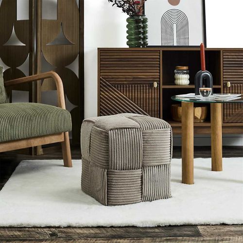 Pouf Cube En Velours Côtelé Tressé Coloris Taupe - Amory