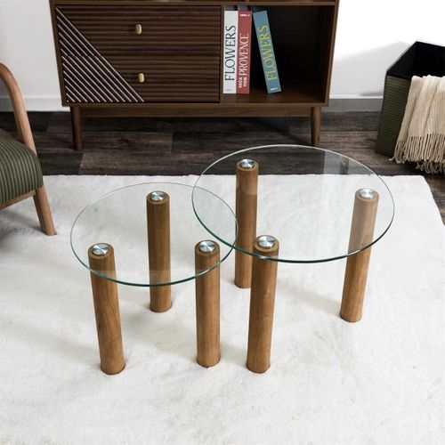 Lot De 2 Tables Basses Gigogne Rondes En Verre Trempé Pieds En Hévéa - Inaya