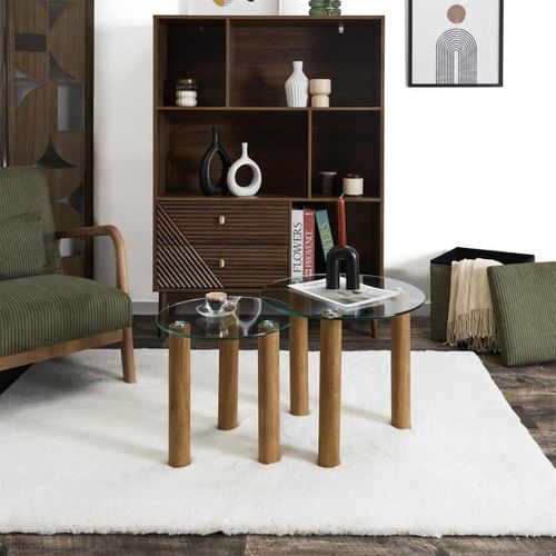 Lot De 2 Tables Basses Gigogne Rondes En Verre Trempé Pieds En Hévéa - Inaya