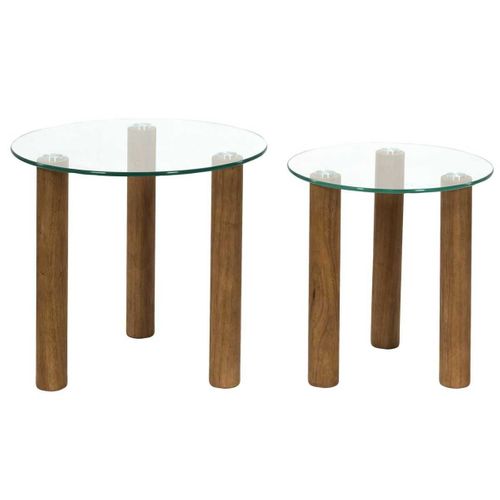 Lot De 2 Tables Basses Gigogne Rondes En Verre Trempé Pieds En Hévéa - Inaya
