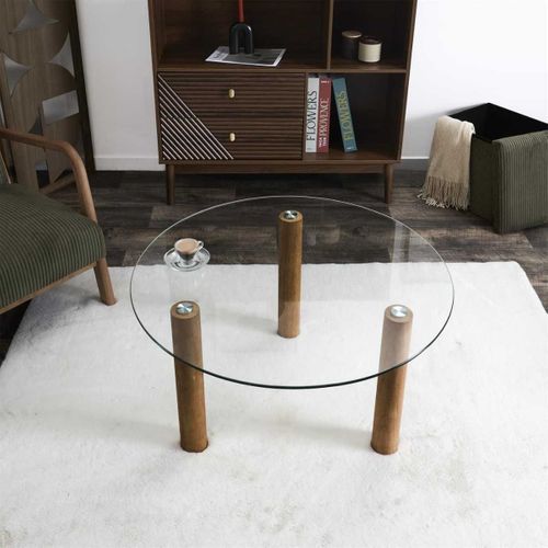 Table Basse Ronde En Verre Trempé Pieds En Hévéa - Inaya
