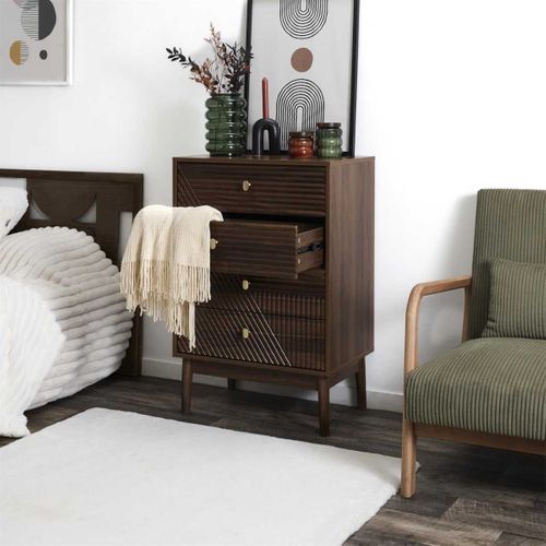 Commode 4 Tiroirs En Bois Et Mdf Pieds En Pin Teinté Chêne Foncé - Colette