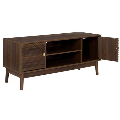 Meuble TV 2 Portes 2 Niches En Bois Et Mdf Pieds En Pin Teinté Chêne Foncé - Colette