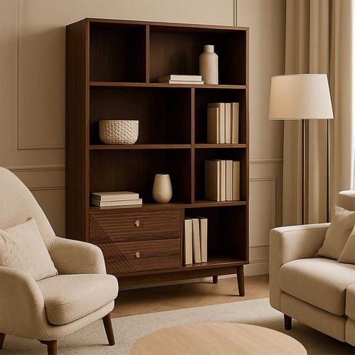 Bibliothèque 2 Tiroirs 5 Niches En Bois Et Mdf Pieds En Pin Teinté Chêne Foncé - Colette