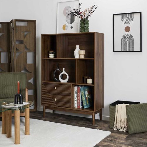 Bibliothèque 2 Tiroirs 5 Niches En Bois Et Mdf Pieds En Pin Teinté Chêne Foncé - Colette