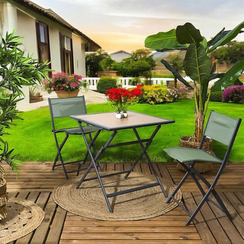 Table Pliante Métal Laqué Gris Et Plateau En Verre Trempé Effet Bois - Bahiana