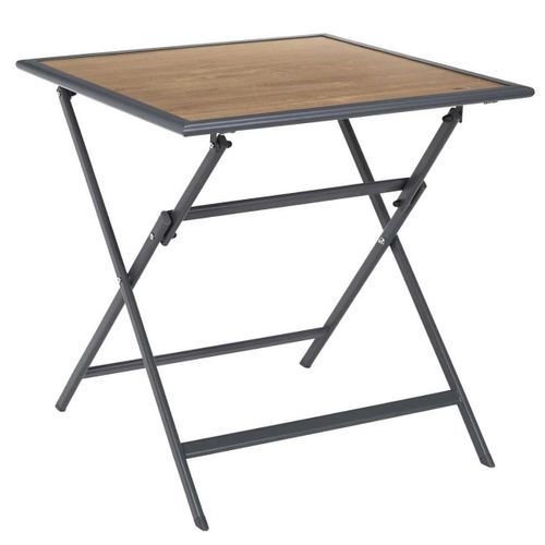 Table Pliante Métal Laqué Gris Et Plateau En Verre Trempé Effet Bois - Bahiana