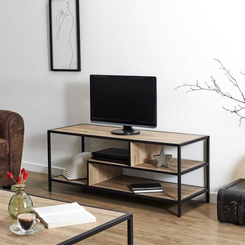 Banc TV En Métal Noir Et Plateaux Aspect Bois - Eddy