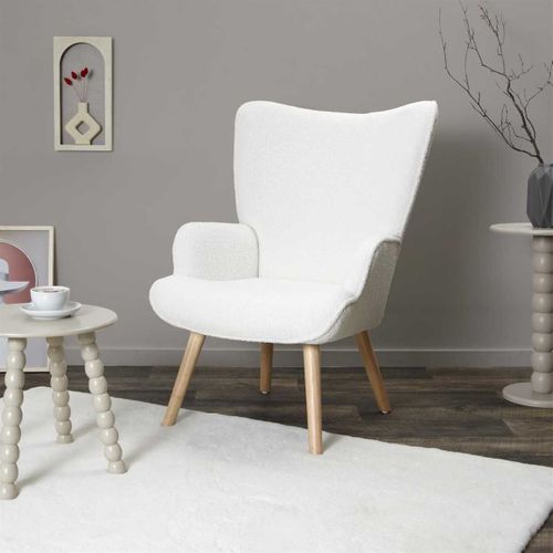 Fauteuil De Salon En Tissu Bouclette Blanc Pieds En Bois D'hévéa - Regina