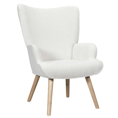 Fauteuil De Salon En Tissu Bouclette Blanc Pieds En Bois D'hévéa - Regina