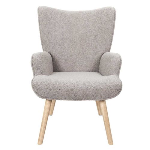 Fauteuil De Salon En Tissu Bouclette Taupe Pieds En Bois D'hévéa - Regina