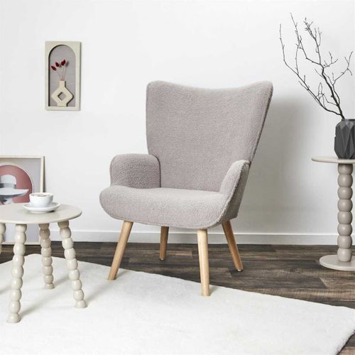 Fauteuil De Salon En Tissu Bouclette Taupe Pieds En Bois D'hévéa - Regina