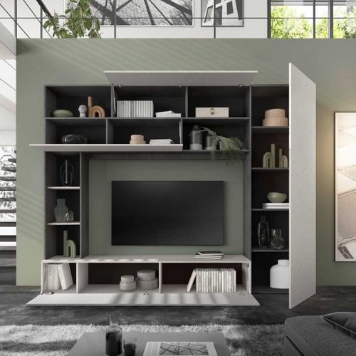 Meuble TV Mural Avec Rangements Et Étagères Aspect Pierre Grise - Palacio