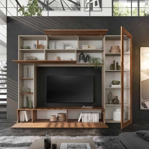 Meuble TV Mural Avec Rangements 1 Porte Vitrée Et Étagères Beige Et Aspect Bois - Palacio
